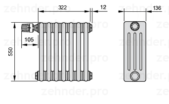 Схема (чертеж) Радиатор Zehnder Charleston 4055/7 №V011 Белый глянцевый RAL 9016